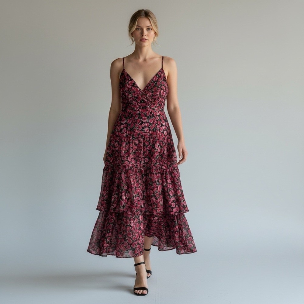 In The Style x Jac Jossa New Chiffon Red Floral Print Tiered Cami Maxi Dress 22
